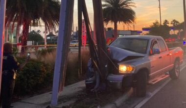 Pickup truck hits power pole on Gulf-to-Bay Boulevard in Clearwater