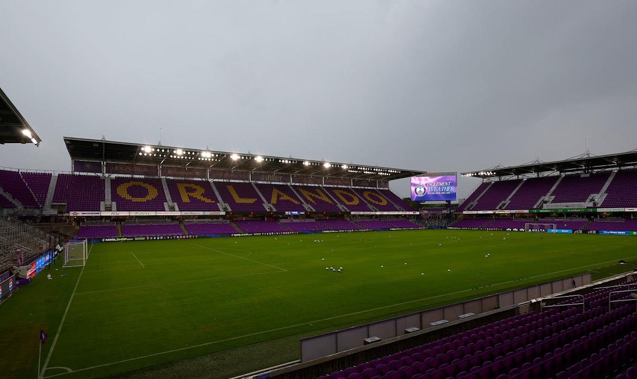 A general view of the pitch during an inclement weather delay (Russell Lansford / Imagn Images)