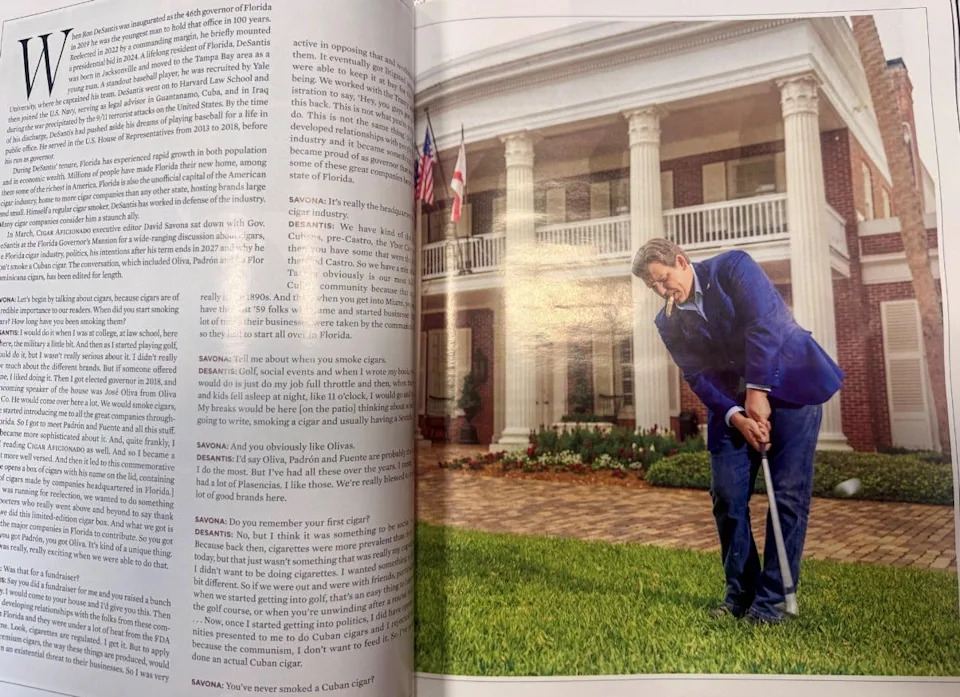 Ron DeSantis is interviewed in the June 2026 issue of Cigar Aficionado. This picture of the magazine was posted on X by his chief of staff, Jason Weida.