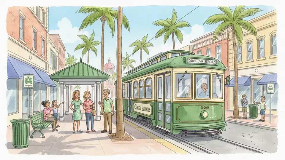 Central Avenue Trolley stopped at downtown St. Petersburg station with passengers waiting on platform