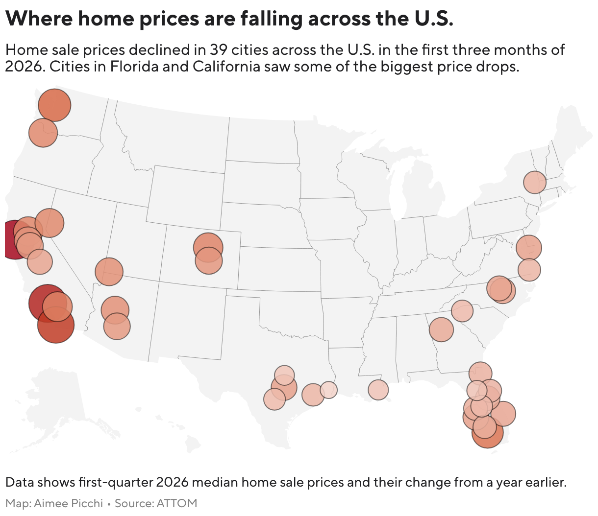 Where home prices are falling across the U.S. (Symbol map)
