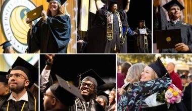 A collage of six photos shows UCF graduates during commencement — students in black caps and gowns hold diplomas, graduates in the audience cheering and one graduate hugging a family member outdoors.