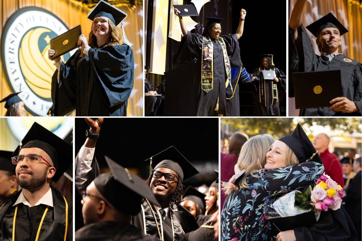 A collage of six photos shows UCF graduates during commencement — students in black caps and gowns hold diplomas, graduates in the audience cheering and one graduate hugging a family member outdoors.