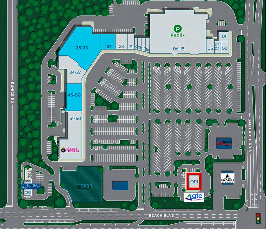 The Ash Properties plan shows GTE Financial as a 3,392-square-foot building on Outparcel 1, outlined in red, next to Shores Liquors. The Ash Properties plan shows GTE Financial as a 3,392-square-foot building on Outparcel 1, outlined in red, next to Shores Liquors.