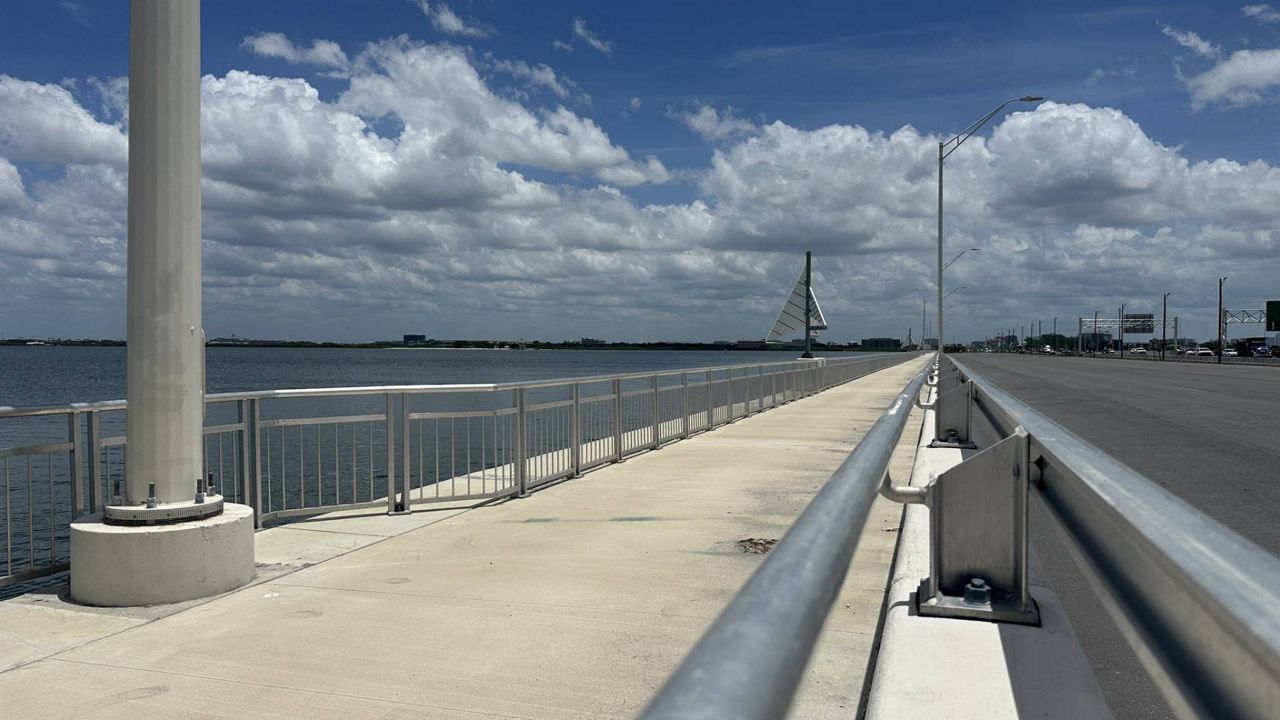 The new multi-use path on the Howard Frankland Bridge will provide a nearly 7-mile-long pathway and several lookout points with benches and shade, FDOT officials said. (Spectrum News/Tim Wronka)