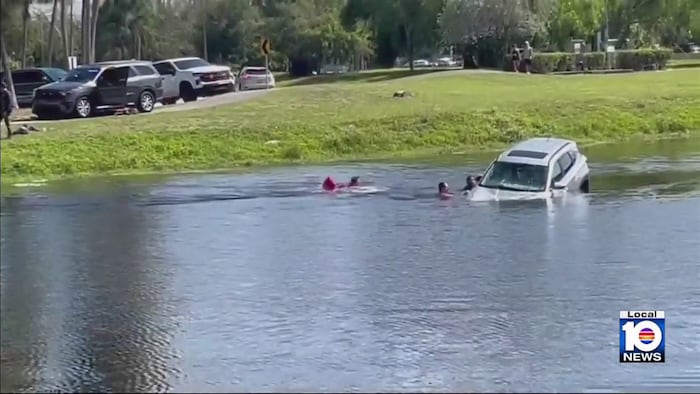 Elderly woman saved after car plunges into canal in Pompano Beach