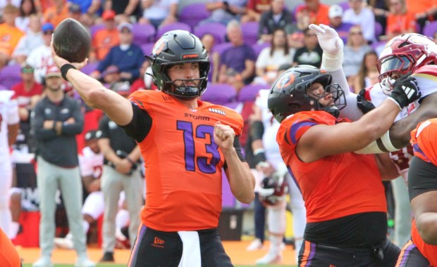 Orlando Storm quarterback Jack Plummer threw for 324 yards and 2 touchdowns Sunday against the Birmingham Stallions but it wasn't enough as the Storm lost for the second straight game. (Chris Hays/Orlando Sentienl)
