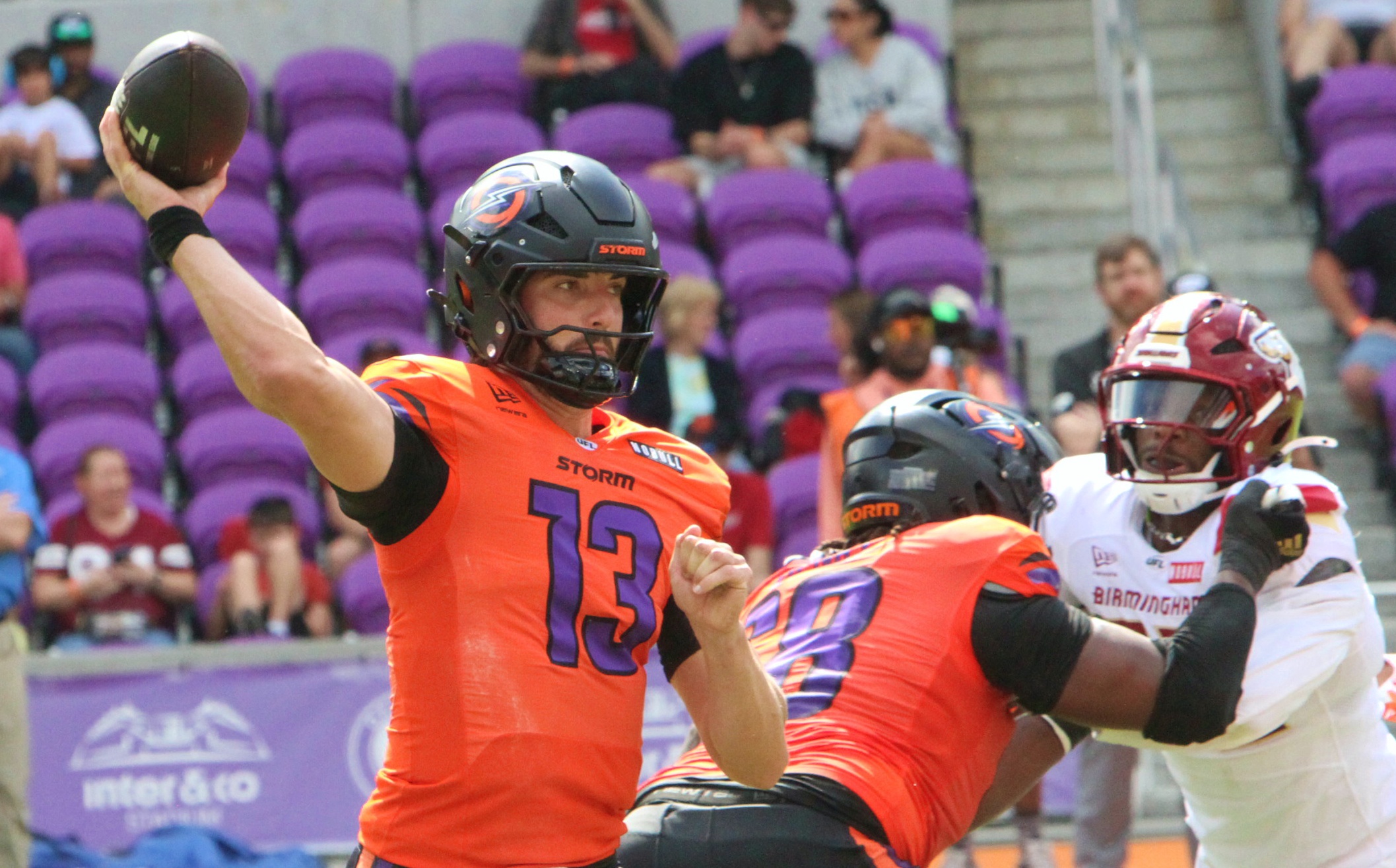 Orlando quarterback Jack Plummer throws a pass during the Birmingham...