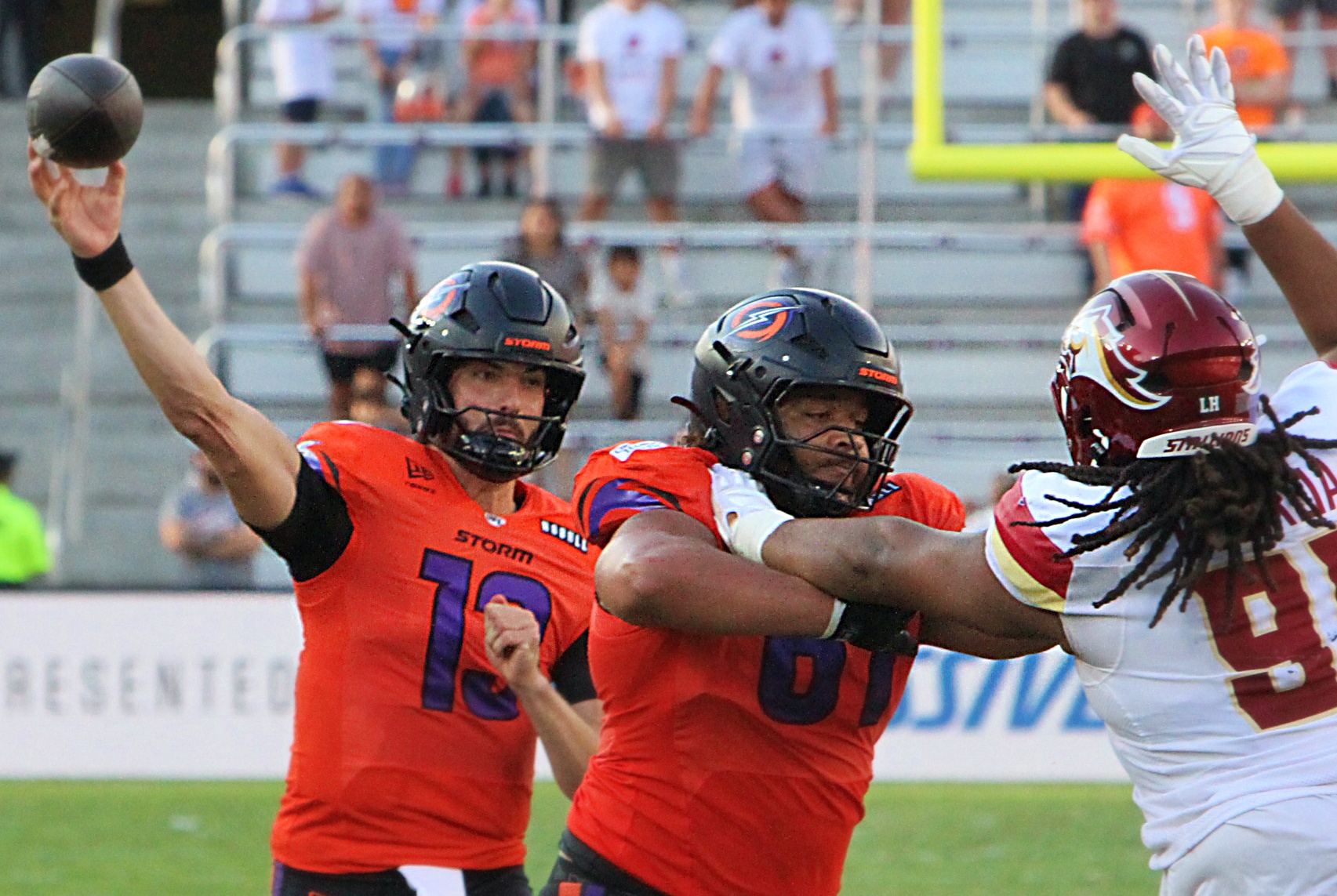 Orlando's Michael Gonzalez blocks for quarterback Jack Plummer during the...