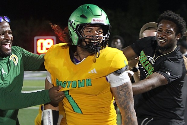 DeLand's Jordan Banks celebrates his sack that ended the game and gave DeLand a 36-35 victory over TFA in a spring game Friday night. (Chris Hays/Orlando Sentinel)