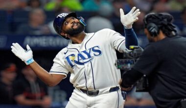 Tampa Bay Rays' Junior Caminero reacts after his three-run home run off Baltimore Orioles pitcher Cameron Foster during the fifth inning of a baseball game Monday, May 18, 2026, in St. Petersburg, Fla. (AP Photo/Chris O'Meara)