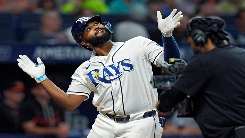 Tampa Bay Rays' Junior Caminero reacts after his three-run home run off Baltimore Orioles pitcher Cameron Foster during the fifth inning of a baseball game Monday, May 18, 2026, in St. Petersburg, Fla. (AP Photo/Chris O'Meara)
