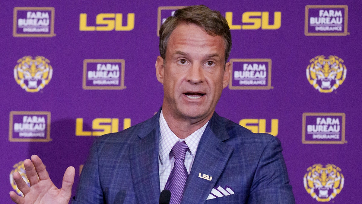 LSU football head coach Lane Kiffin speaking at South Stadium Club in Tiger Stadium