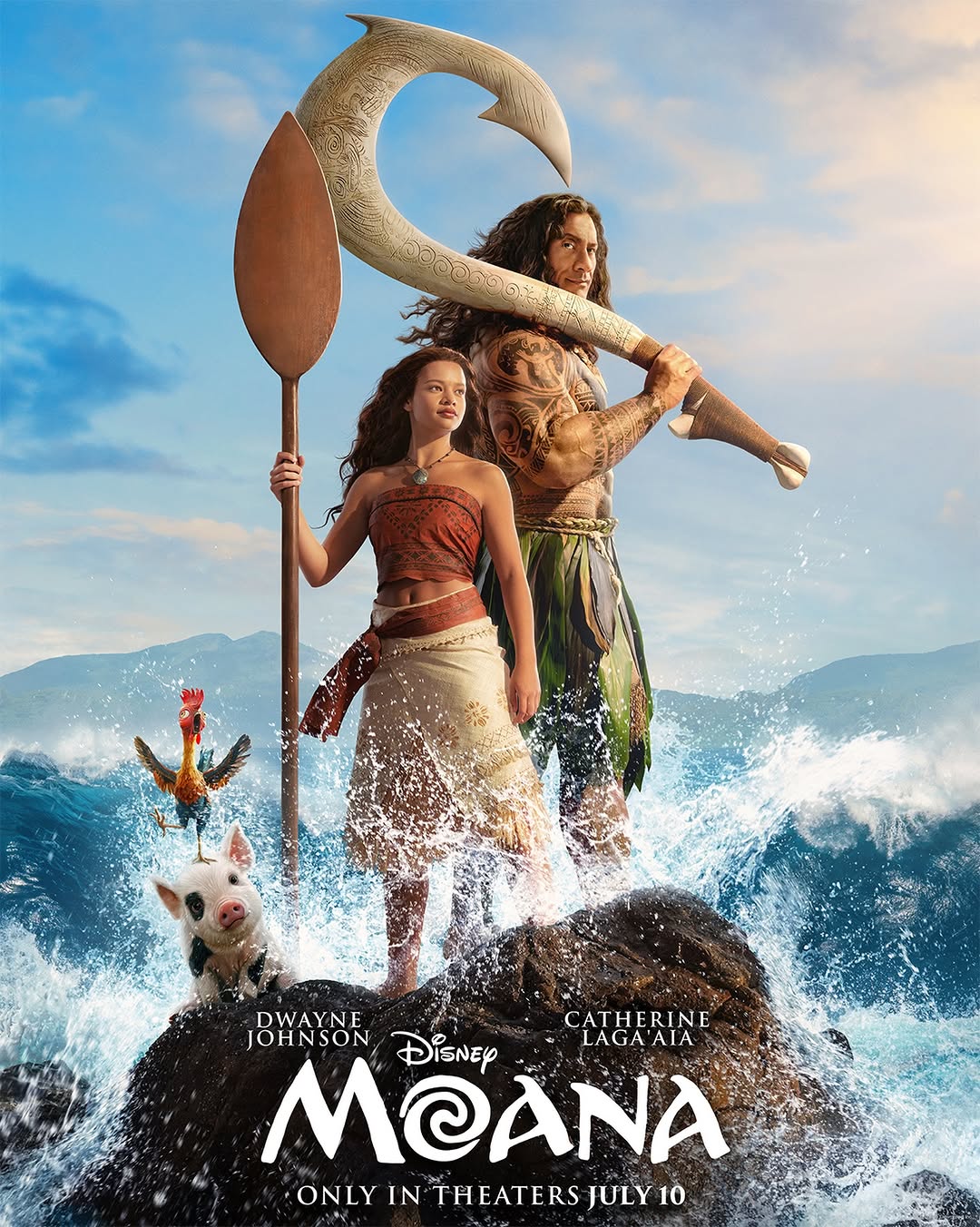 Live-action Moana poster featuring Moana, Maui, Pua, and Hei Hei standing on a rock while ocean waves crash around them.