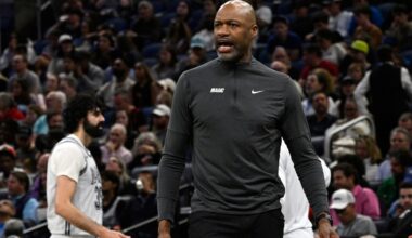 Orlando Magic coach Jamahl Mosley calls out to an official during an NBA basketball game on March 4, 2025. (AP Photo/Phelan M. Ebenhack)