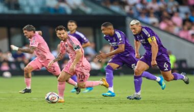 Inter Miami forward Lionel Messi (10) controls the ball as Orlando City defender Robin Jansson (6) attempts to stop in the first half during an MLS soccer match against the Orlando City, Saturday, May 2, 2026, in Miami. (AP Photo/Chris Arjoon)