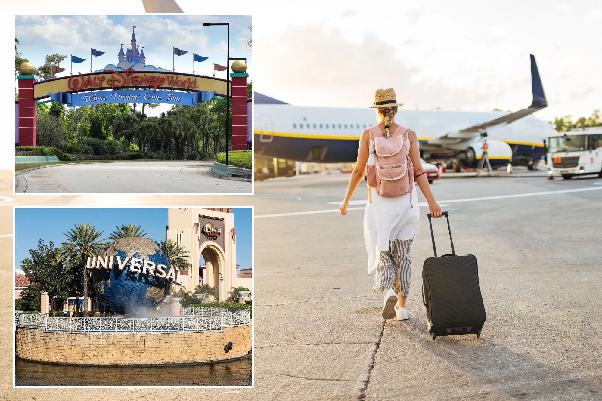 An image collage containing 3 images, Image 1 shows A female tourist in a straw hat and backpack walks on an airport runway, pulling luggage behind her towards a plane, Image 2 shows US-NEWS-ORLANDO-WDW-FUTURO-S-1-OS, Image 3 shows Universal Orlando Resort, Orlando, Florida, USA