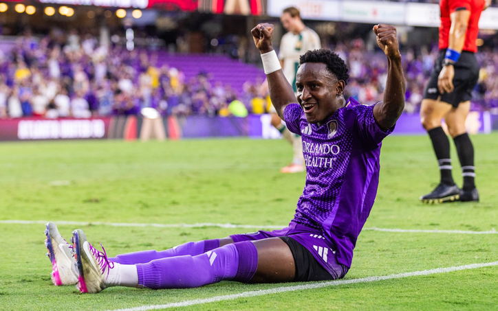 Iván Angulo of Orlando City SC celebrates after scoring a goal in the first half against Atlanta United FC in the 2026 US Open Cup Quarterfinals. Photo: Orlando City SC