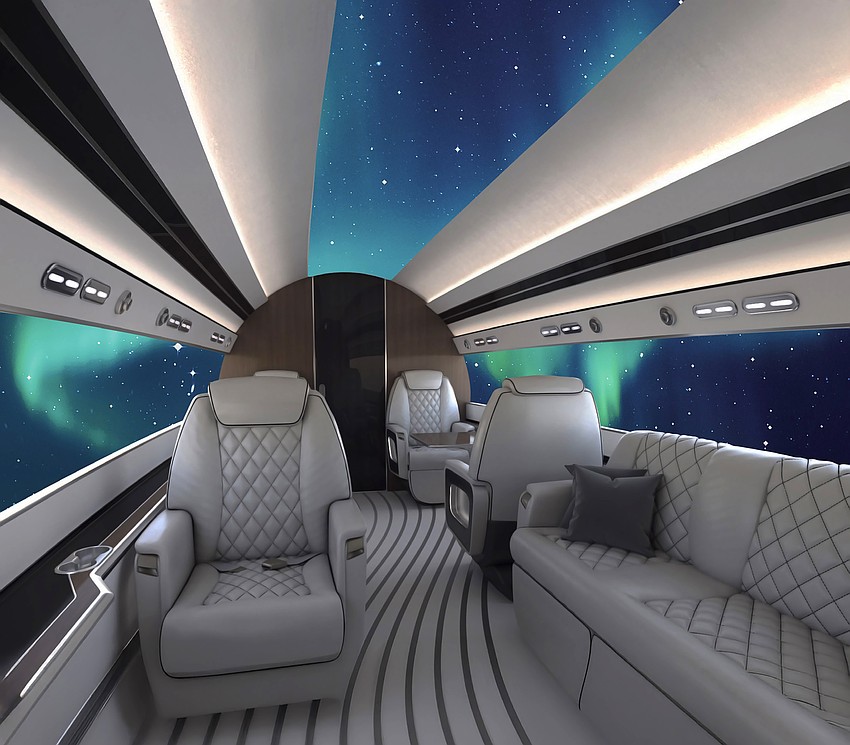 A rendering of the passenger cabin of the Otto Aviation Phantom 3500. The outside views are from high-definition digital displays instead of windows. A rendering of the passenger cabin of the Otto Aviation Phantom 3500. The outside views are from high-definition digital displays instead of windows.