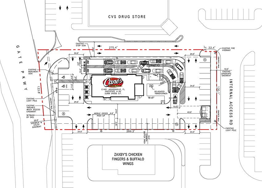 The site plan for Raising Cane's Chicken Fingers 4863 Gate Parkway in the Town Center area near Costco Wholesale and Rooms To Go furniture. The site is a closed Pollo Tropical.