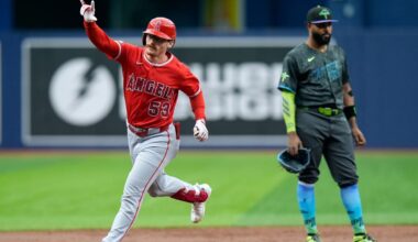 Los Angeles Angels' Wade Meckler reacts after his grand slam off Trampa Bay Rays pitcher Drew Rasmussen during the first inning of a baseball game Saturday, May 30, 2026, in St. Petersburg, Fla. (AP / Chris O'Meara)