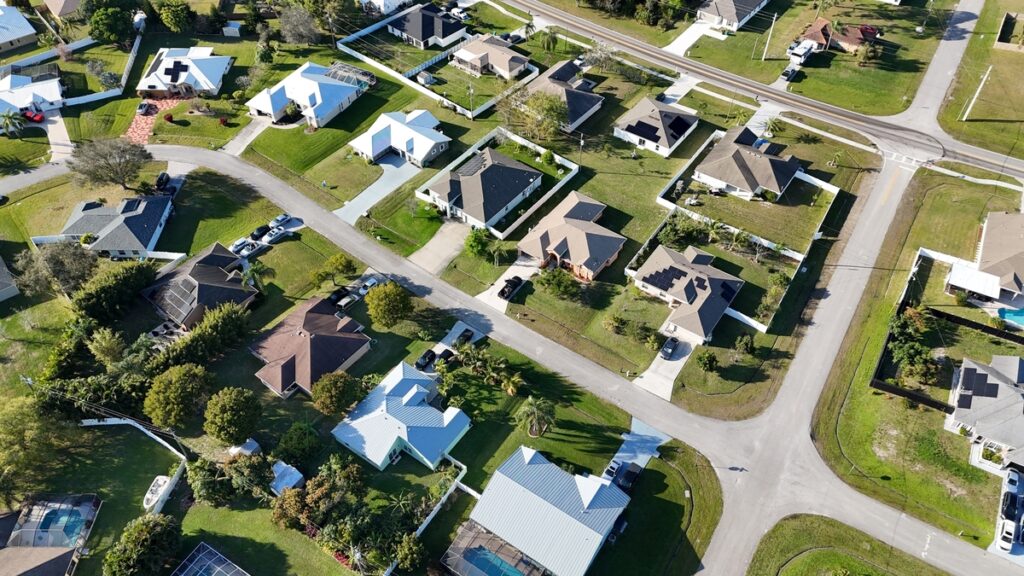 Aerial view of houses and landscape in Port St. Lucie, Florida