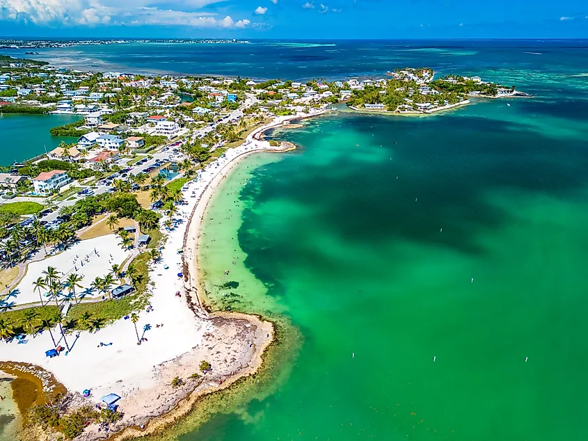 Aerial view of Sombrero Beach with palm trees in the Florida Keys, Marathon, Florida.