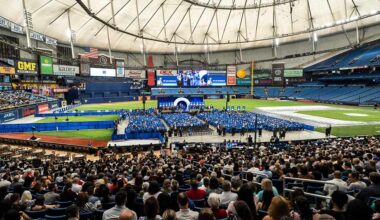 group of graduates and attendees at SPC commencement at Tropicana Field