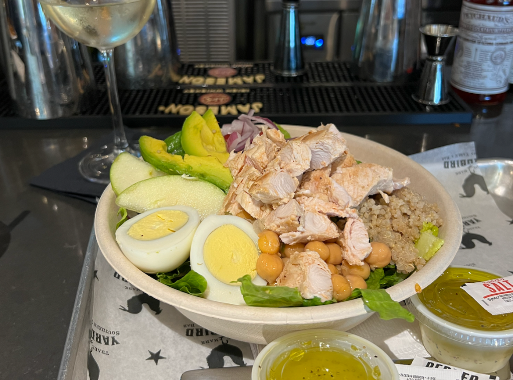 a salad on a grey table