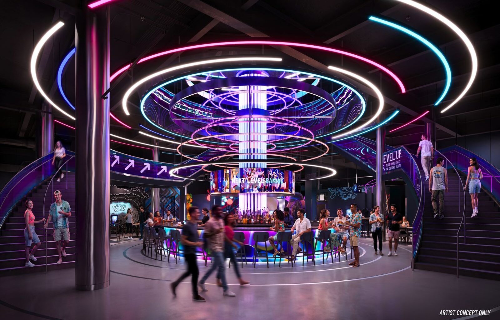 The interactive social gaming venue will also include a two-story bar. Level99 released concept art of the bar with the opening announcement.
