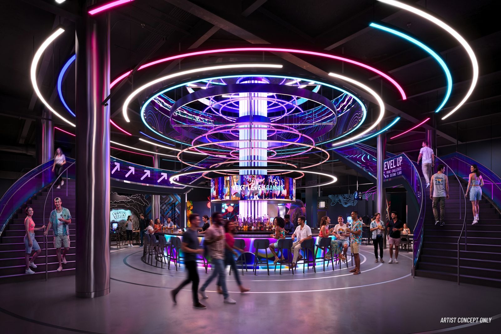 The interactive social gaming venue will also include a two-story bar. Level99 released concept art of the bar with the opening announcement.