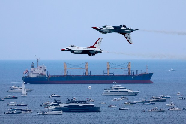 The U.S. Air Force Thunderbirds fly the F-16 Fighting Falcons over the beach during the Air Dot Show Tour in Fort Lauderdale on Saturday May 11, 2024. (Mike Stocker/South Florida Sun Sentinel)