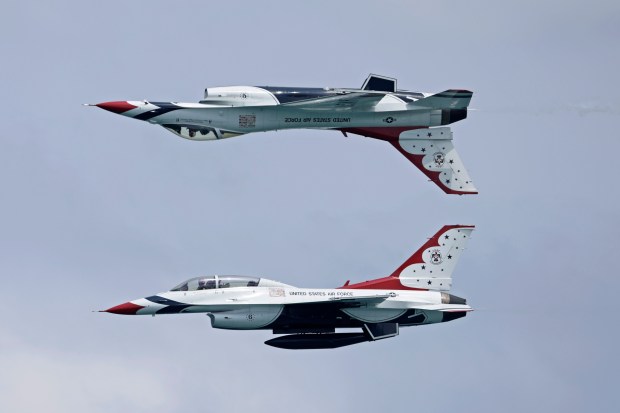 The U.S. Air Force Thunderbirds fly the F-16 Fighting Falcons over the beach during the Air Dot Show Tour in Fort Lauderdale on Sunday May 12, 2024. (John McCall/South Florida Sun Sentinel)