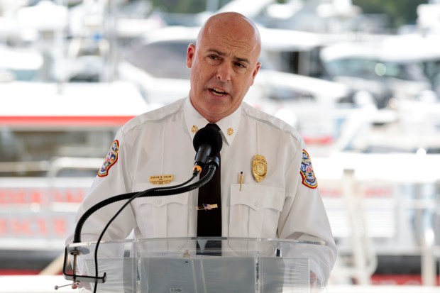 Fort Lauderdale Fire Chief Stephen Gollan speaks during a news conference about boating safety over the Memorial Day weekend in Fort Lauderdale on Monday, May 18, 2026. (Amy Beth Bennett / Sun Sentinel)