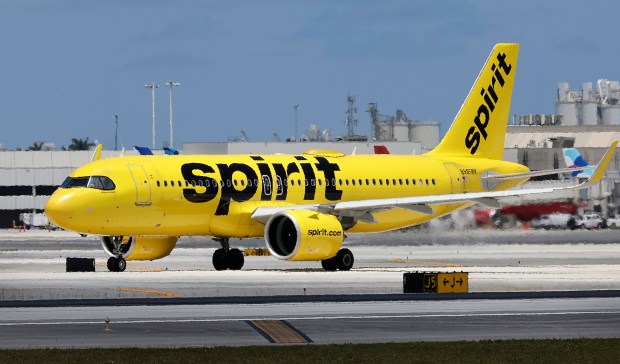 A Spirit Airlines aircraft sits on the tarmac at Fort Lauderdale-Hollywood International Airport on Tuesday, April 28, 2026. (Carline Jean/South Florida Sun Sentinel)