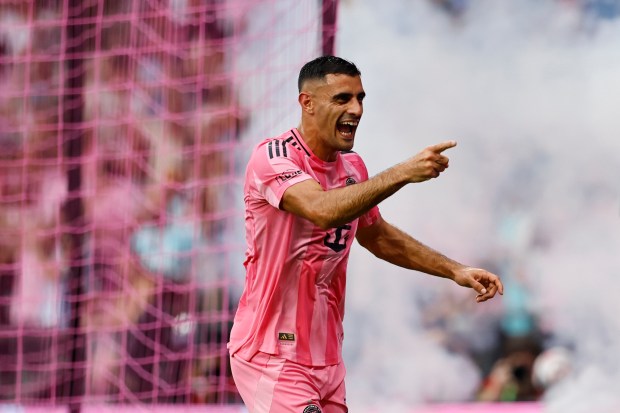 German Berterame #19 of Inter Miami CF celebrates after scoring his team's second goal during the MLS match between Inter Miami CF and Portland Timbers at Nu Stadium on May 17, 2026 in Miami, Florida. (Photo by Carmen Mandato/Getty Images)
