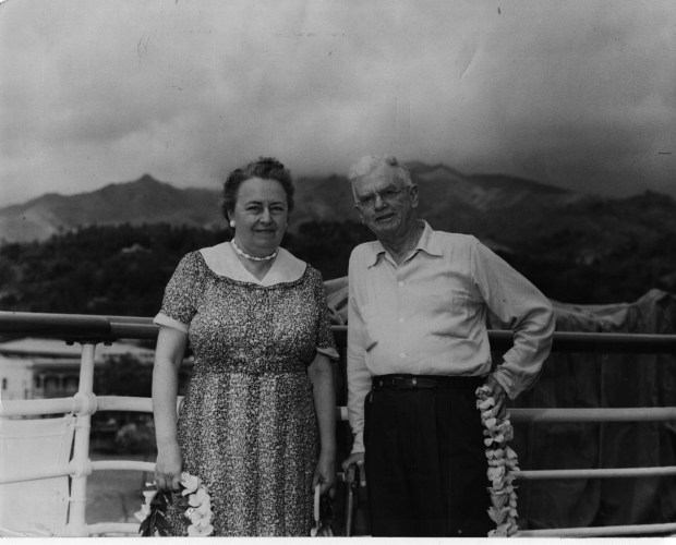 Mr. and Mrs. Harry P. Leu arrive in Tahiti in this undated photo. The Leus brought back many exotic plants to their gardens from their travels. (Orlando Sentinel File)