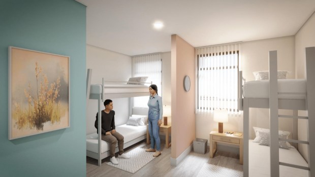 The Coalition for the Homeless unveiled its latest plan to modernize its downtown Orlando shelter capacity, with a new $65 million building resembling a mixed-use apartment in Parramore. The six-story building adds 112 new shelter beds at its Women & Families building as well as 96 bridge-housing beds - nearly doubling its current capacity. Pictured: Each family shelter unit is designed like a compact, home-like suite with bunk-style beds. (The Coalition for the Homeless)
