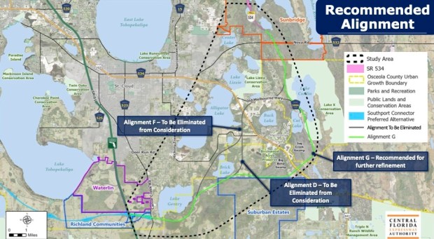 The Central Florida Expressway Authority has chosen a preferred alignment for a 15-to-20 mile expressway called the Northeast Connector connecting Florida's Turnpike to U.S. Highway 192. (Courtesy CFX)