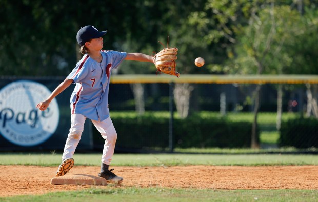Graeme Meier, 9, at shortstop during Orlando Babe Ruth practices at Trotters Park, on Thursday, May 14, 2026. (Ricardo Ramirez Buxeda/ Orlando Sentinel)