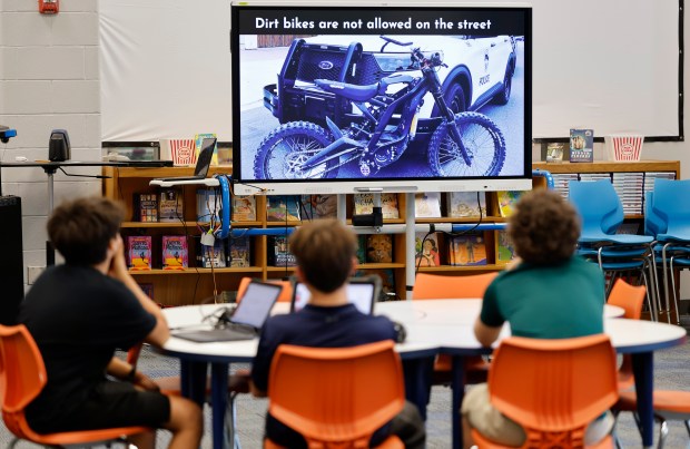 Students attend an e-bike safety class at the Celebration K-8, on Wednesday, April 8, 2026. (Ricardo Ramirez Buxeda/ Orlando Sentinel)