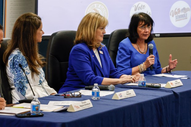 Three Supervisors of Elections from Central Florida, from left to right, Amy Pennock from Seminole County, Karen Castor Dentel from Orange County and Mary Jane Arrington from Osceola County, discuss the preparations they are making for the 2026 elections during a panel discussion on Wednesday, May 6, 2026, at the Orange County Supervisor of Elections Office in Orlando. (Rich Pope/Orlando Sentinel)