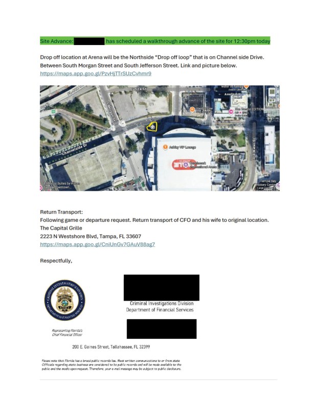 One of the emails from the CFO's Criminal Investigations Division shows details of transportation and security coverage for the CFO and his wife at a Tampa Bay Lightning game at Benchmark Arena. (Florida's Chief Financial Officer Blaise Ingoglia's Criminal Investigations Division)