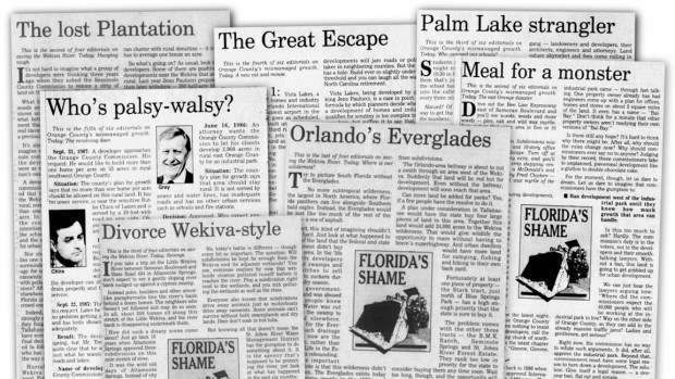 In 1987, the Orlando Sentinel published a series of editorials called "Florida's Shame" that detailed the threats that unbridled development posed to the region's natural resources and its future. The series, researched and written by editorial writer Jane Healy, earned the Sentinel the first Pulitzer Prize in the newspaper's long history. (Orlando Sentinel file)