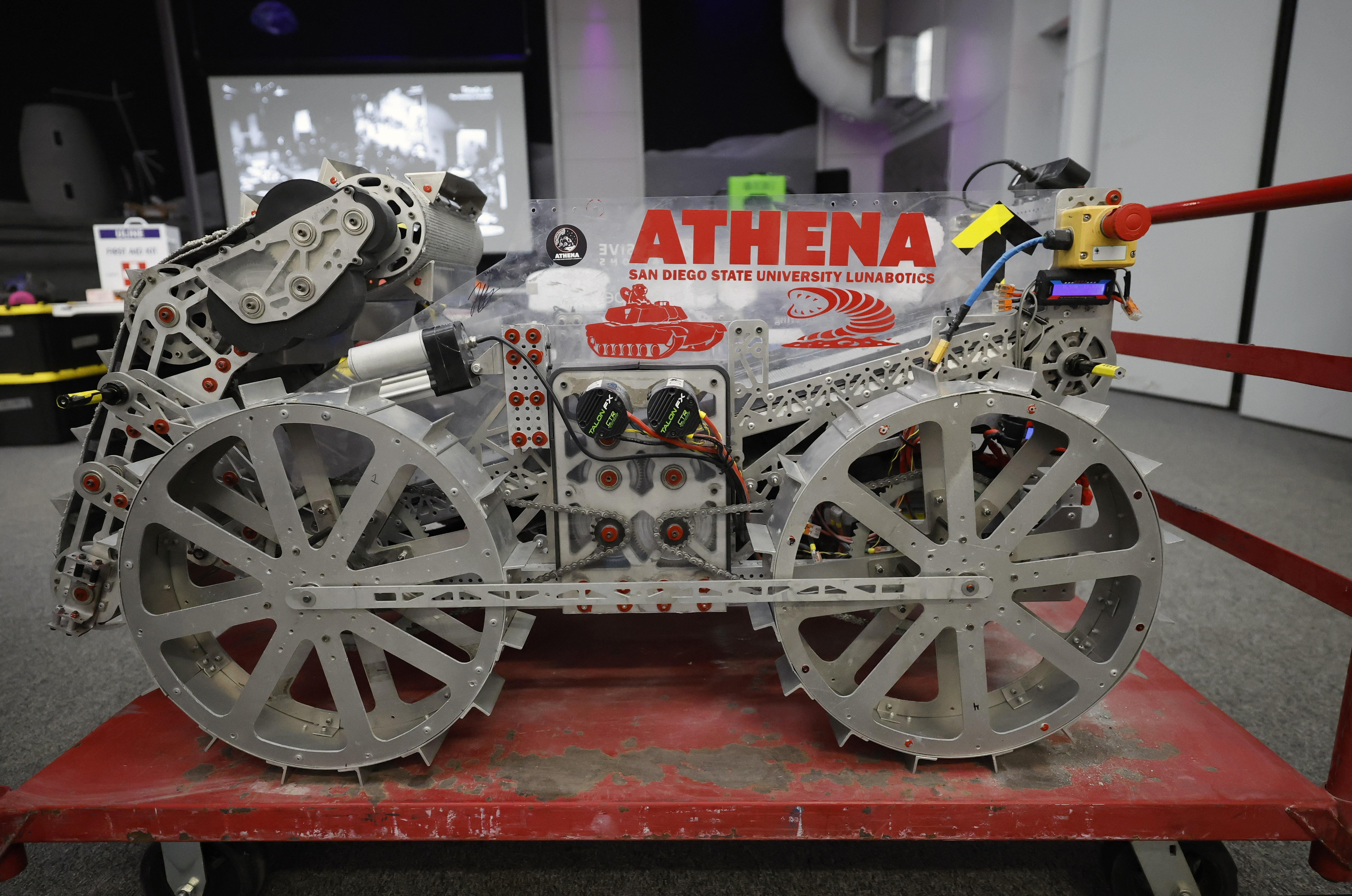 San Diego State University Lunaboticâs Athena robot before competing in...