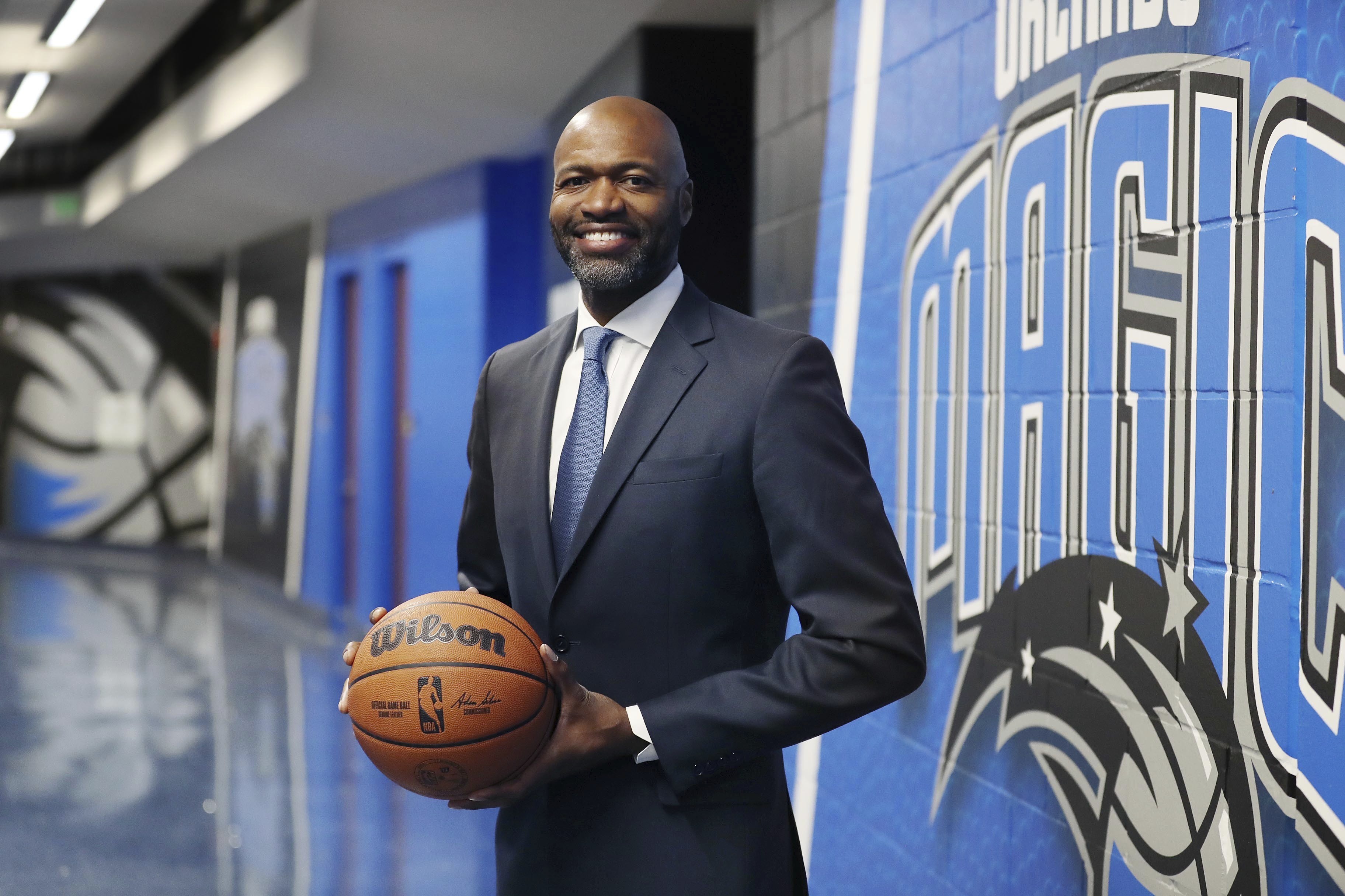 The Orlando Magic's new head coach, Jamahl Mosley, smiles on...