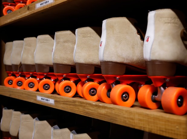 Rental skates at the new roller skating rink at Primrose Lanes, on Tuesday, May 12, 2026.(Ricardo Ramirez Buxeda/ Orlando Sentinel)