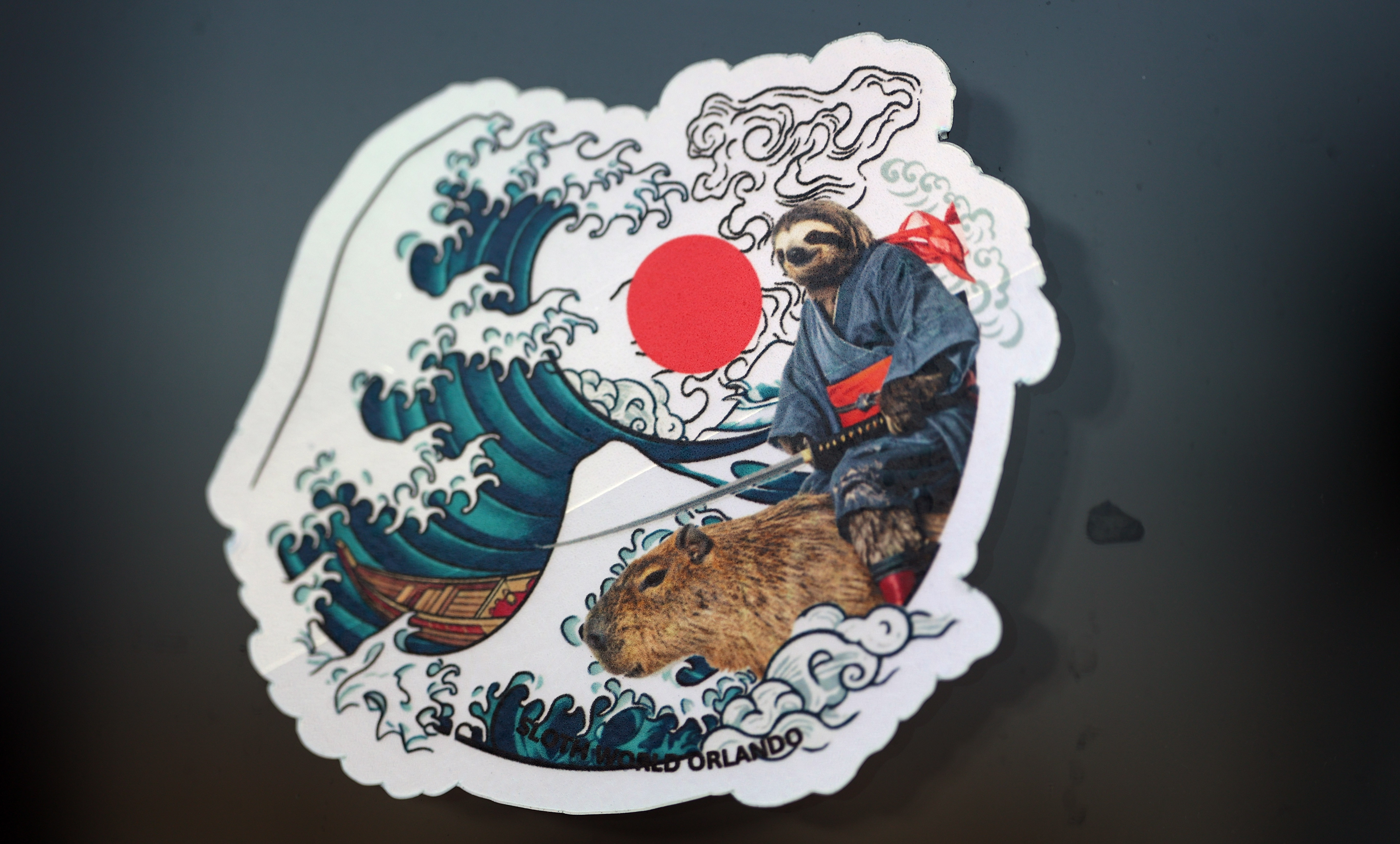 Sticker on the outside windows of Sloth World on International...