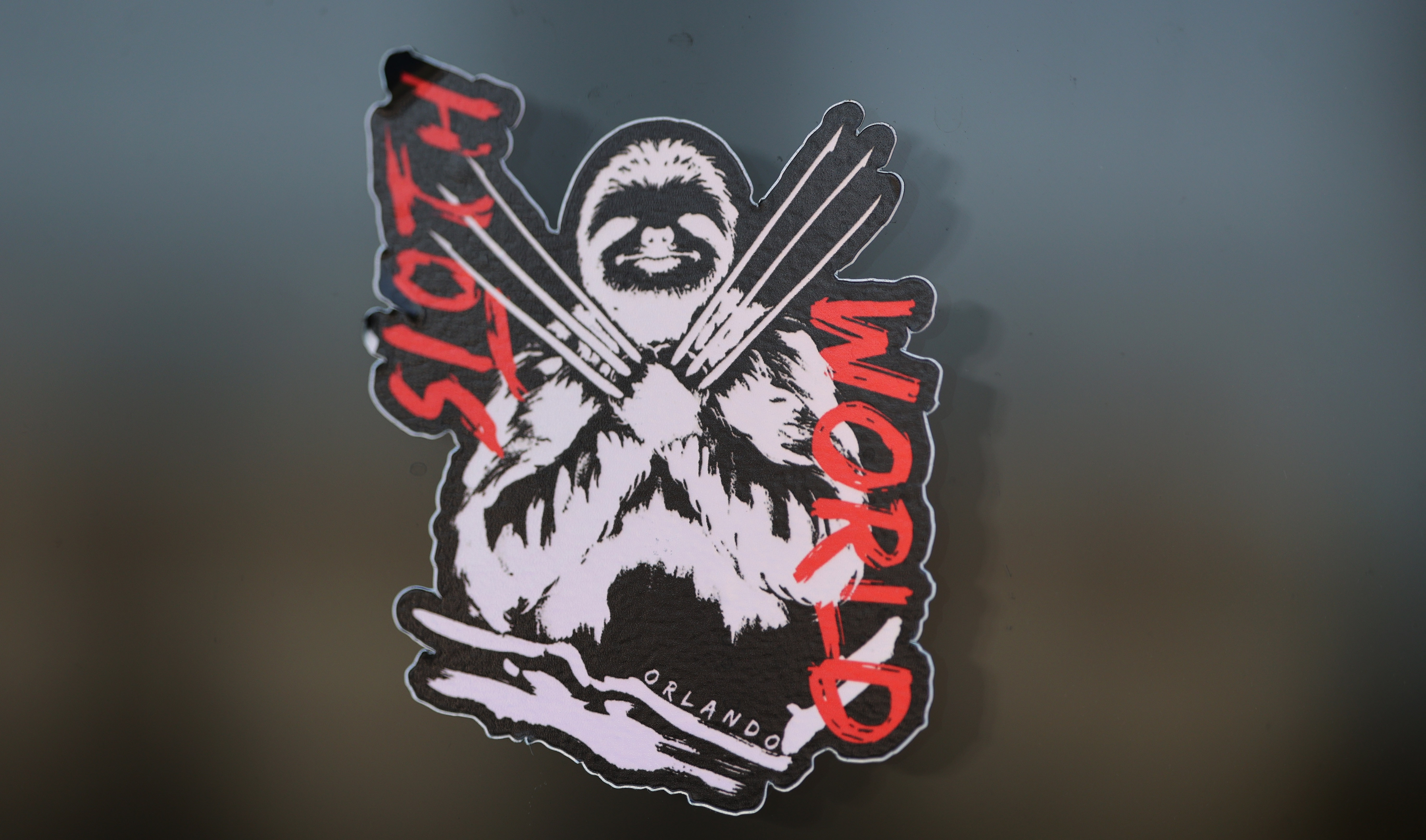 Sticker on the outside windows of Sloth World on International...