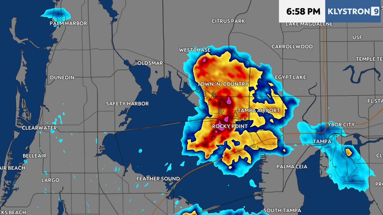 Klystron 9 Radar shows storm that produced a waterspout that eventually moved on land Sunday in the Town 'n' Country area. (Spectrum News)